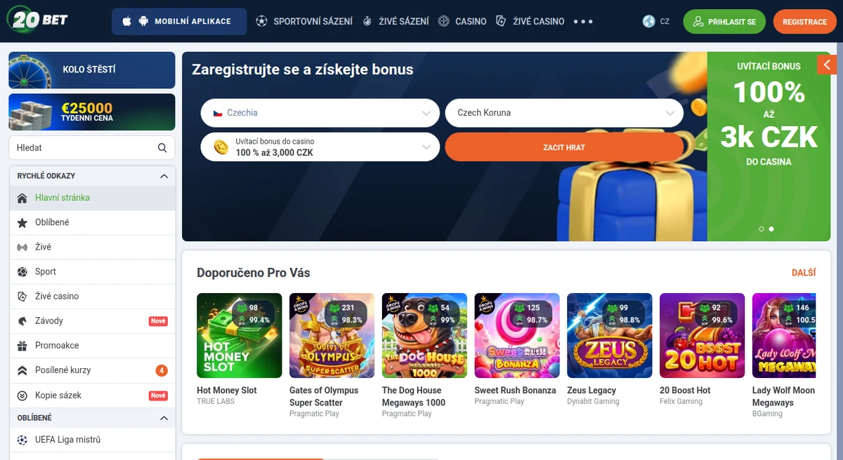 20Bet otevřený z české IP adresy — české rozhraní a bonus v korunách
