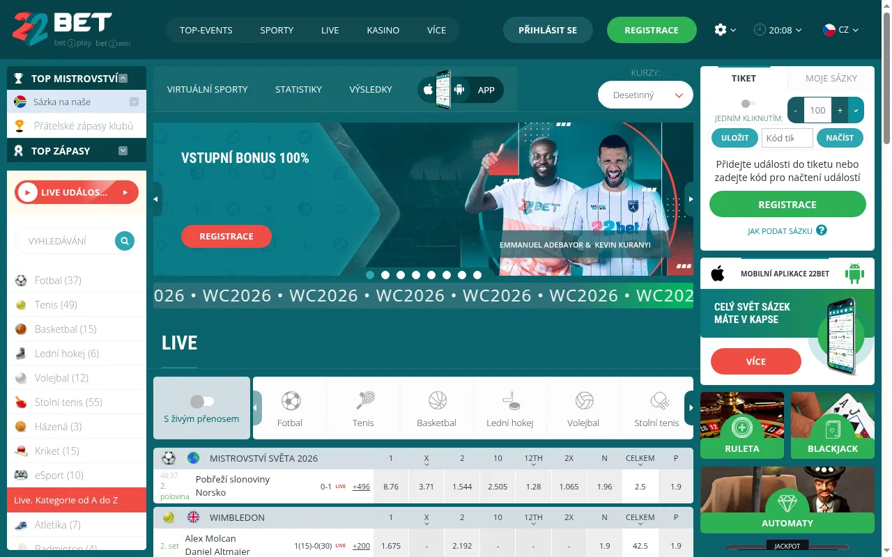 Sázková kancelář 22Bet — nabídka sportů a kurzů