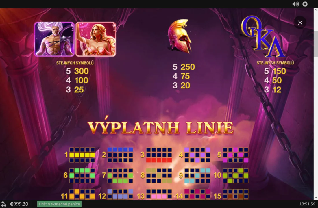 Výplaty symbolů a 20 výherních linií v automatu Age of the Gods