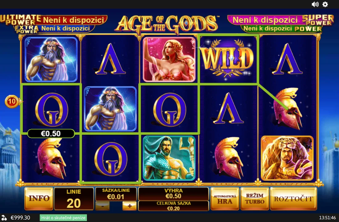 Výhra 0,50 € na desáté lince s wildem během našeho testu Age of the Gods