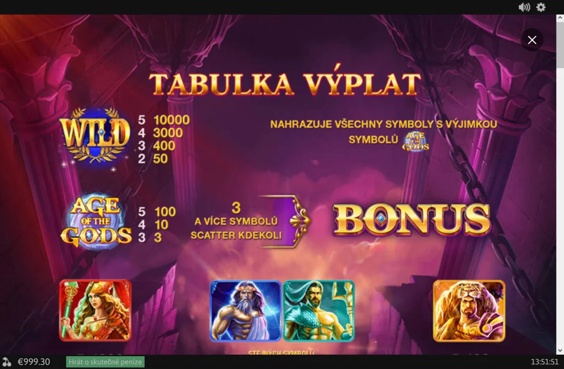 Tabulka výplat automatu Age of the Gods — wild platí 10 000×, scatter spouští bonus