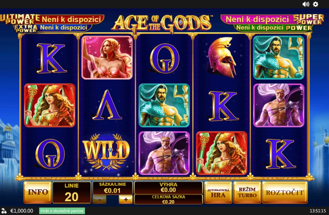 Základní hra automatu Age of the Gods — pět válců a čtyři progresivní jackpoty