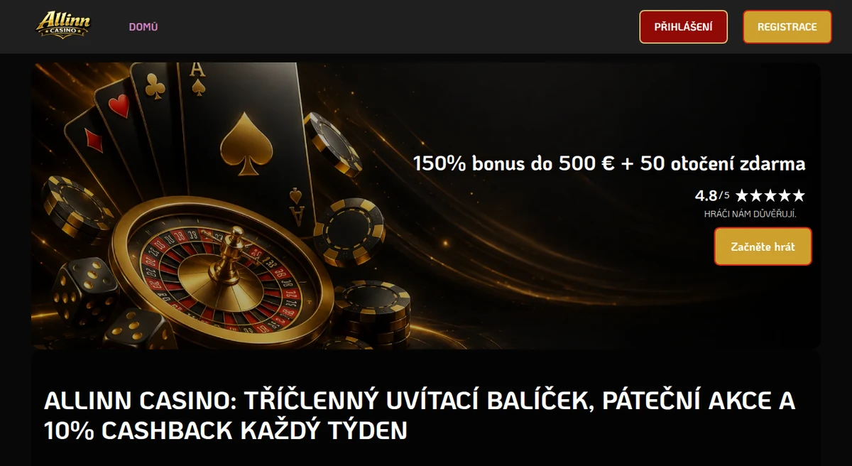 Česká verze webu allinn-casino.com s bonusem v eurech, který nemá licenci MF ČR