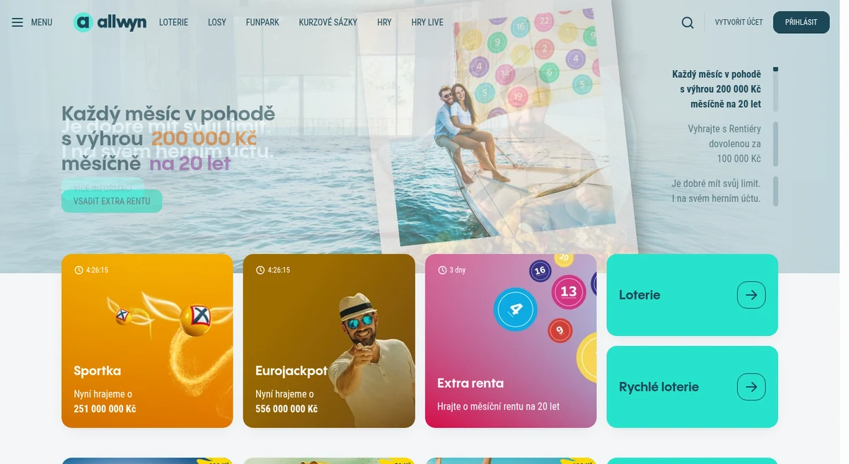Tlačítko PŘIHLÁSIT v pravém horním rohu webu allwyn.cz, kde dřív bývala Sazka
