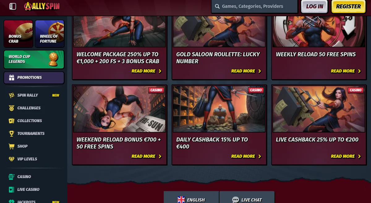 Uvítací bonus AllySpin Casino na oficiální stránce promo akcí