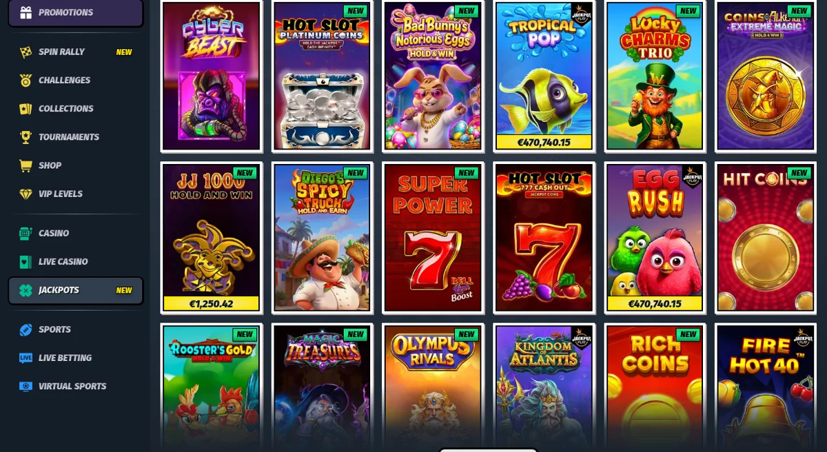 Sekce progresivních jackpotů AllySpin Casino s několika sloty s jackpotem