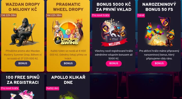 Přehled bonusových nabídek Apollo Games včetně 100 free spinů za registraci