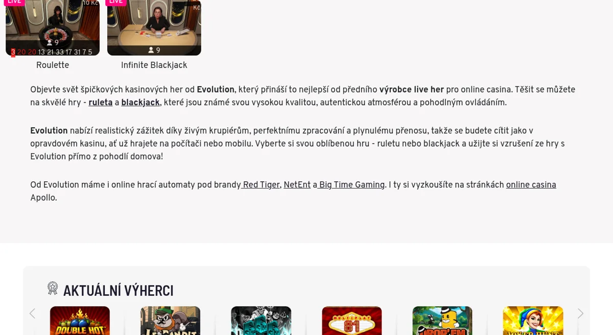 Živé kasino Apollo Games se studiem Evolution