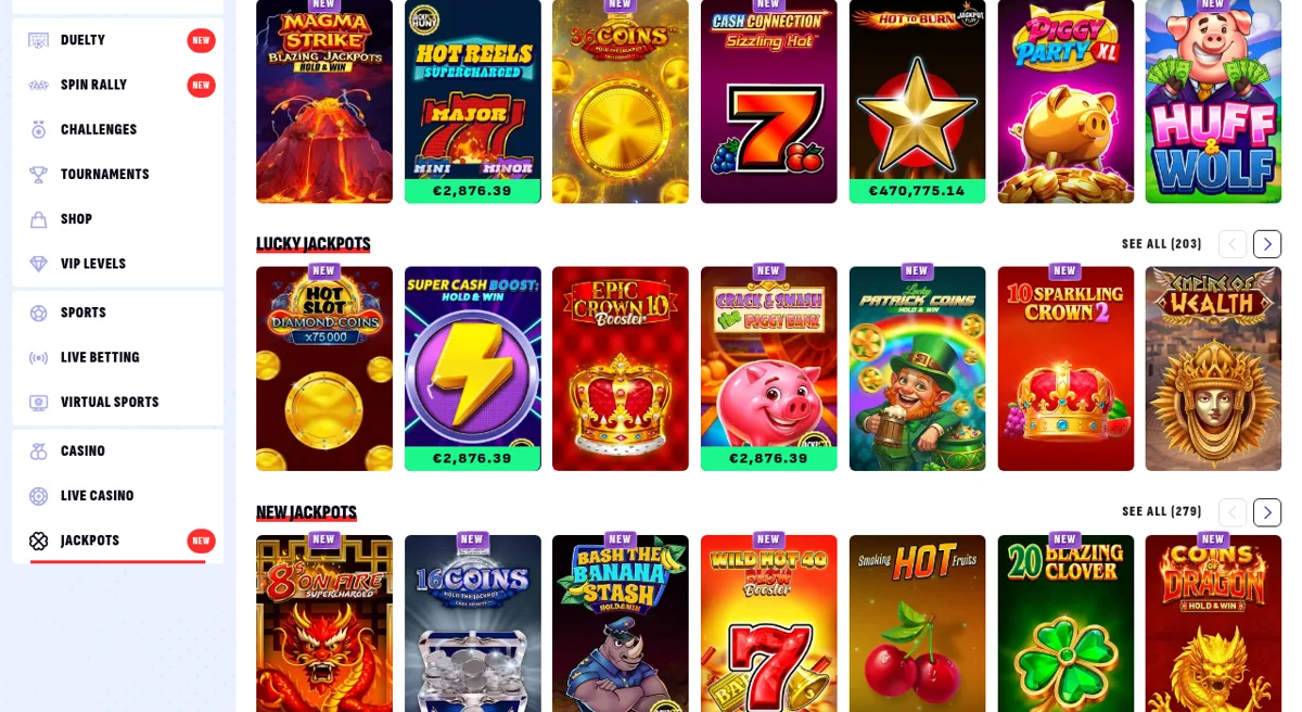 Sekce progresivních jackpotů Bankonbet — WonderPot, Hot Jackpots a Lucky Jackpots