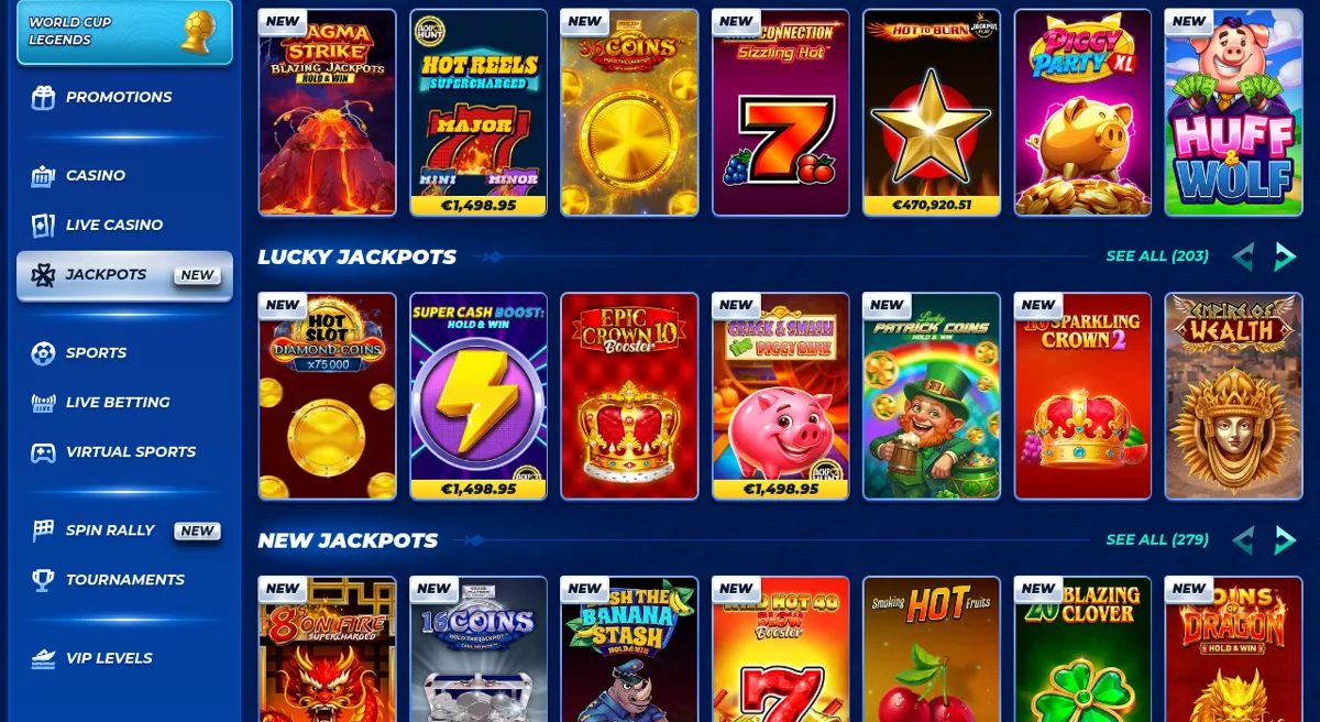 Sekce progresivních jackpotů BassBet Casino s několika sloty s jackpotem