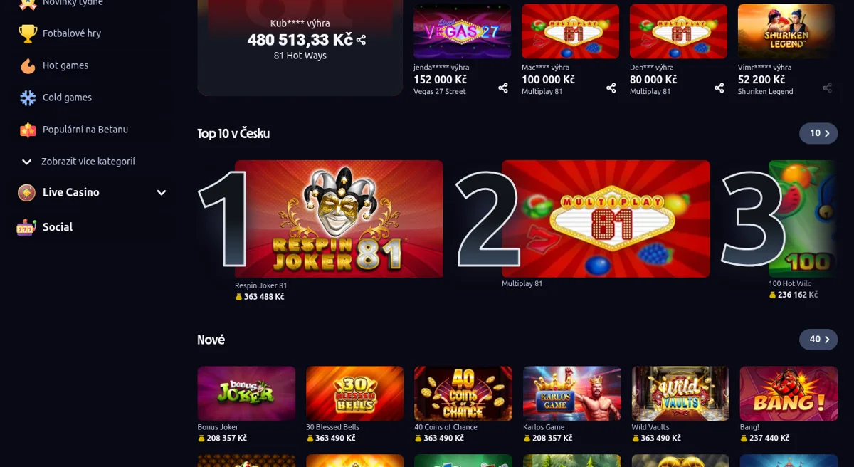 Výherní automaty a sloty v Betano Vegas casinu