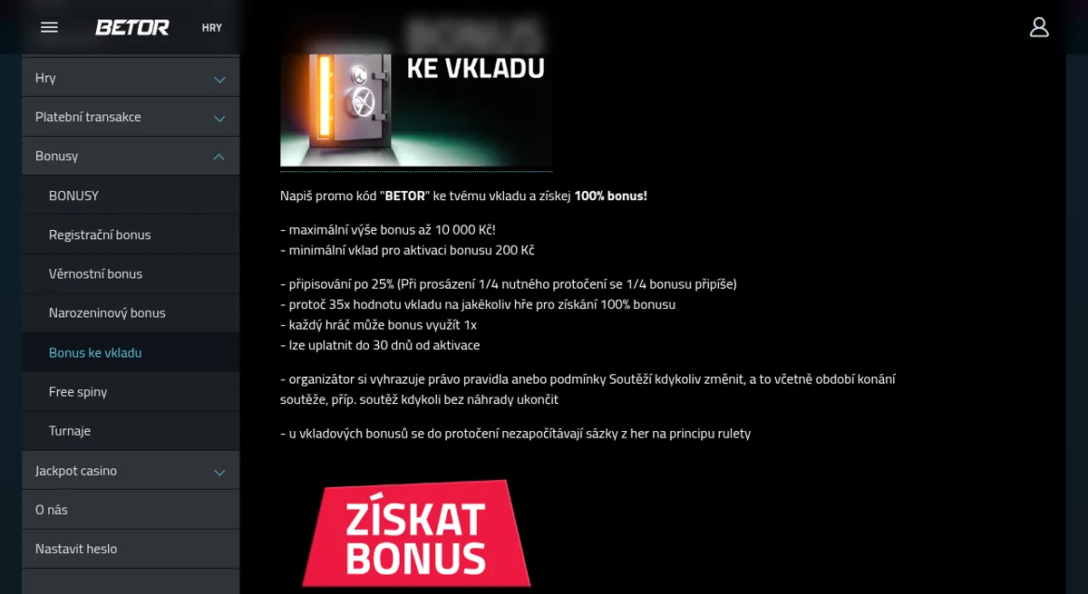 Bonus ke vkladu 100 % s promo kódem BETOR
