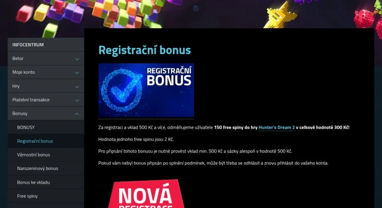 Stránka registračního bonusu Betor se 150 free spiny a podmínkami