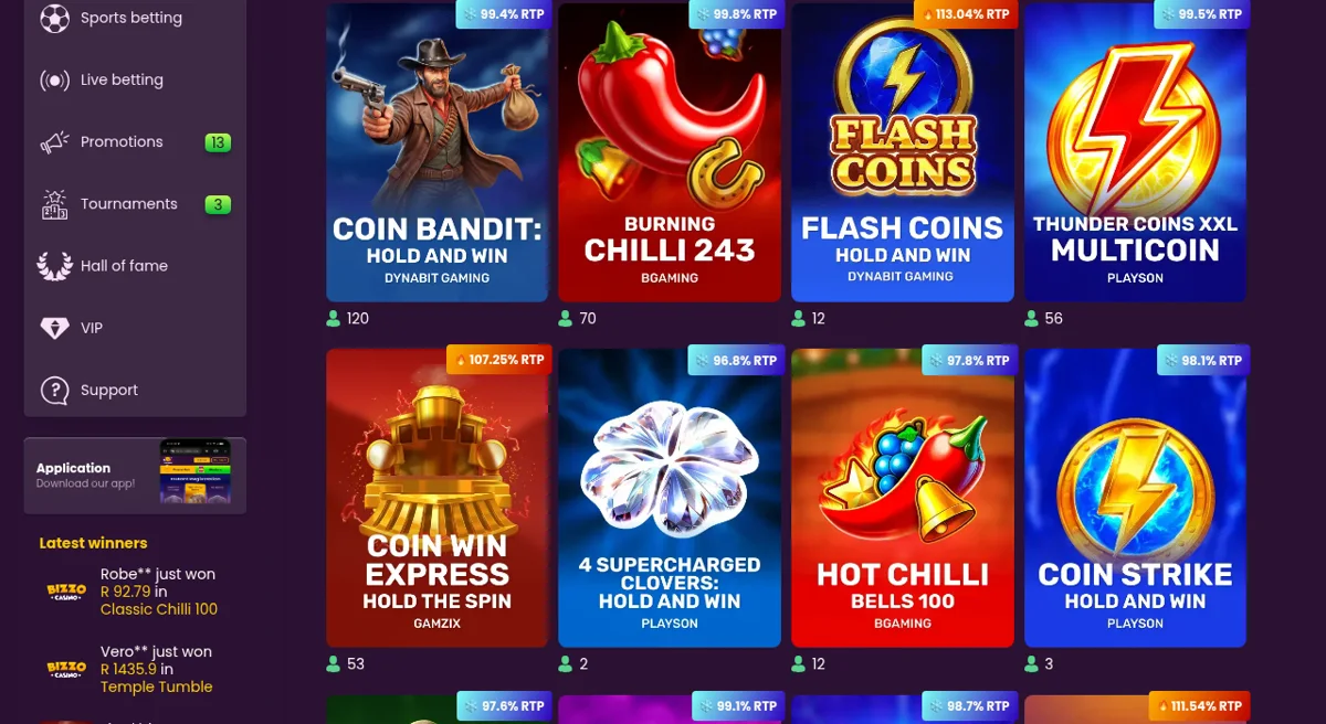 Nabídka výherních automatů a slotů v Bizzo Casinu