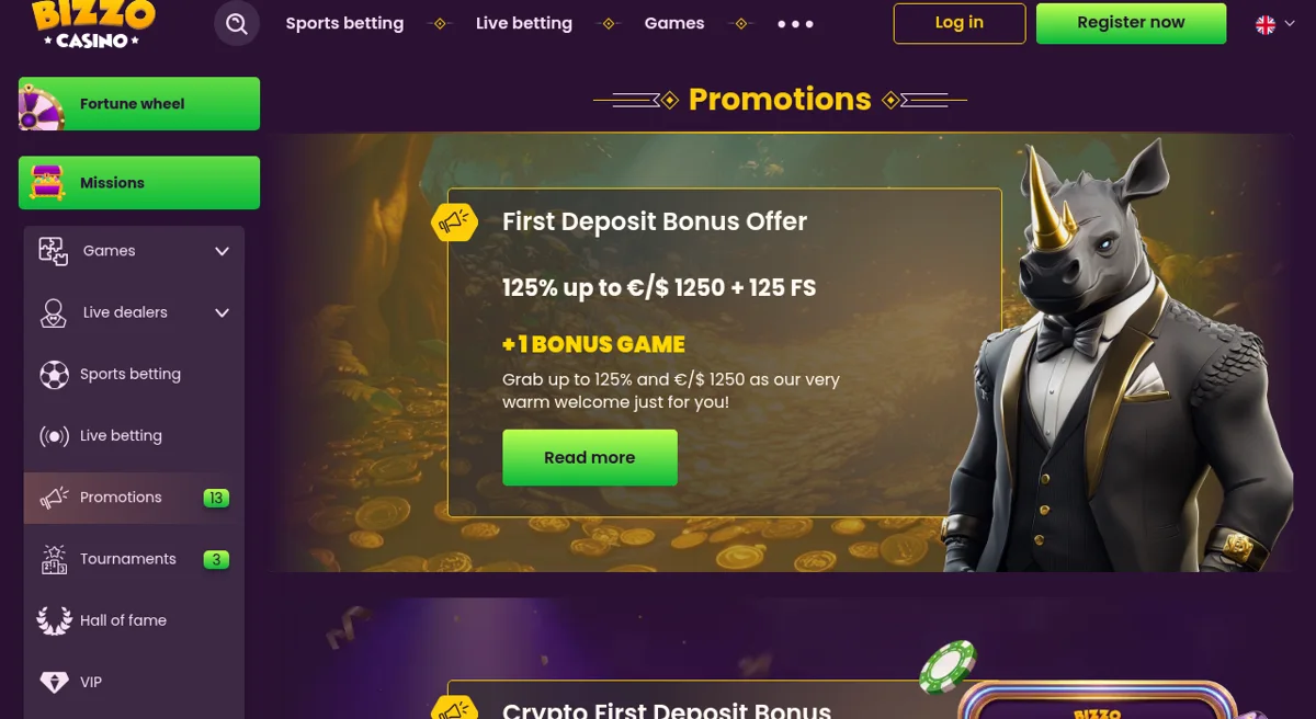 Uvítací bonus 125 % až 1 250 € a přehled promo akcí v Bizzo Casinu