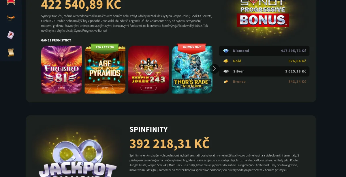 Stránka progresivních jackpotů Bonver Casino podle jednotlivých dodavatelů