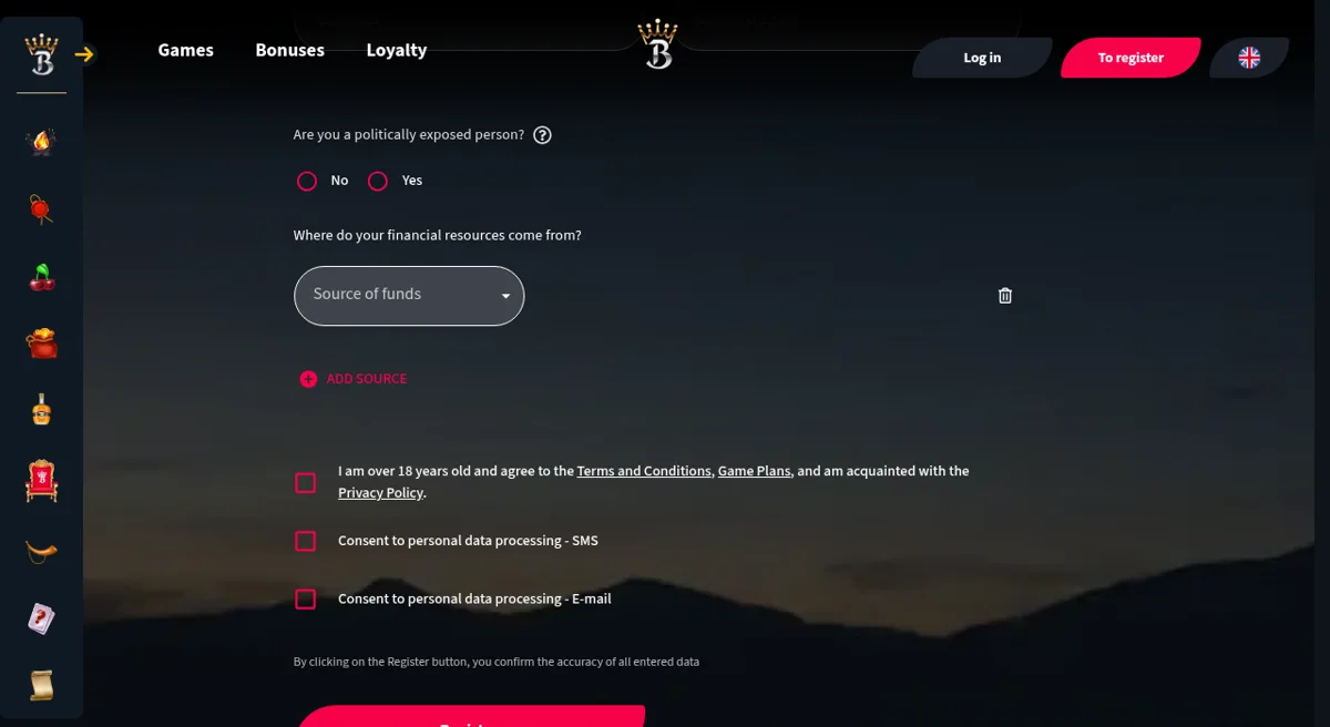 Registrační formulář Bonver Casino s dotazem na PEP a původ finančních prostředků