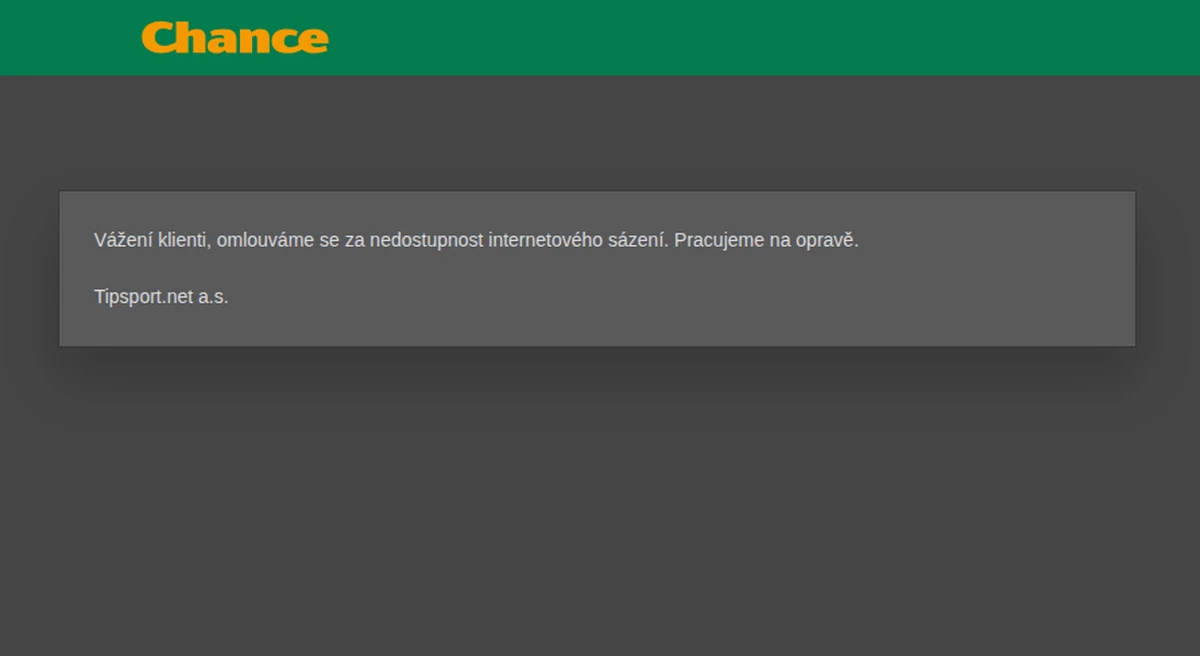 Web chance.cz s hláškou o nedostupnosti internetového sázení podepsanou Tipsport.net a.s.