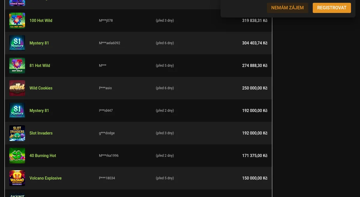 Přehled nejvyšších výher hráčů v Chance Vegas