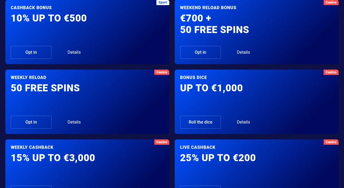 Oficiální stránka promo akcí Frumzi Casino s přehledem bonusů