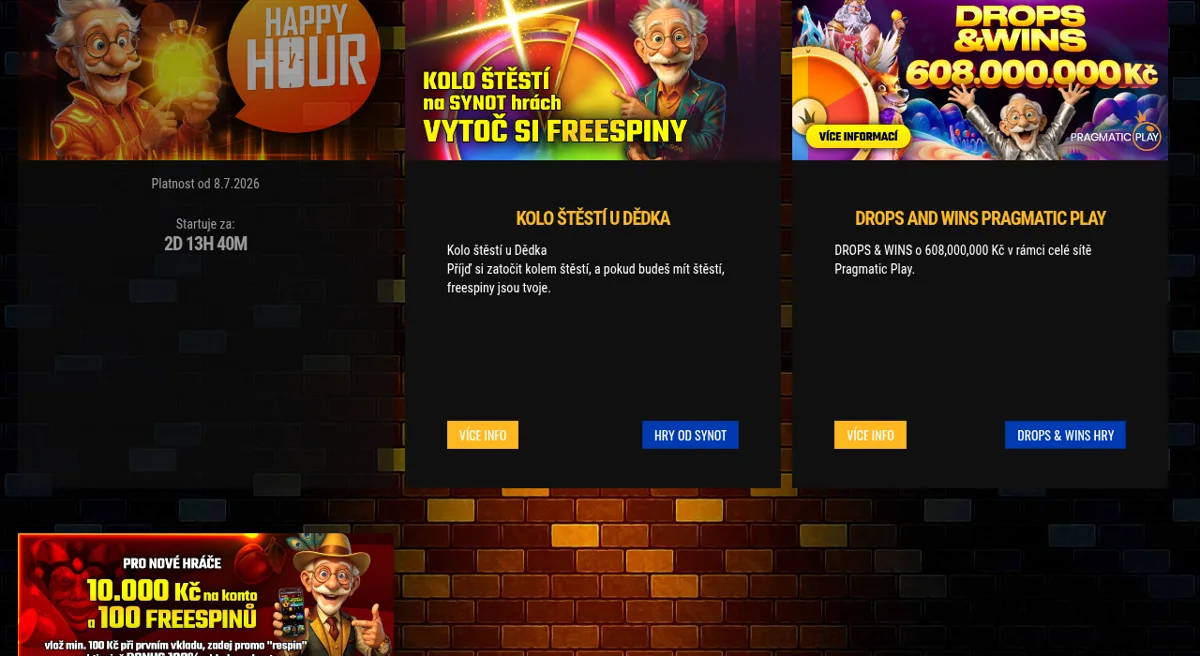 Uvítací bonus Herna u Dědka – 100 % až 10 000 Kč a 100 free spinů