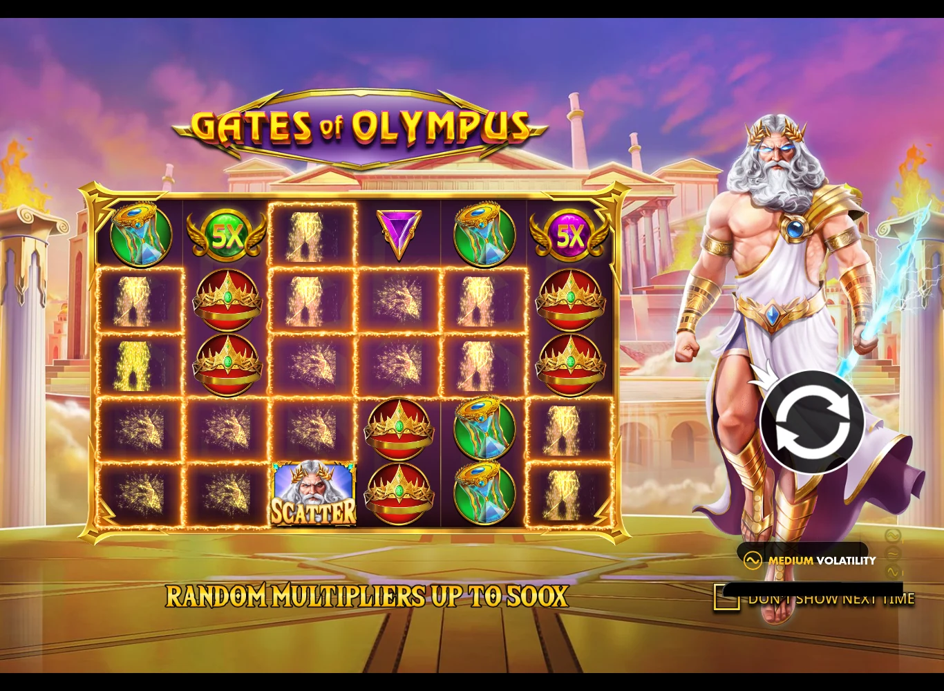 Gates of Olympus — šest válců, scatter symbol a náhodné multiplikátory až 500×