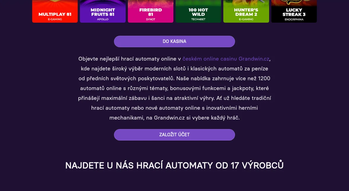 Výběr výherních automatů a slotů v Grandwin Casino