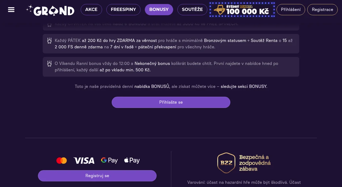 Oficiální stránka bonusů Grandwin Casino s uvítacím balíčkem