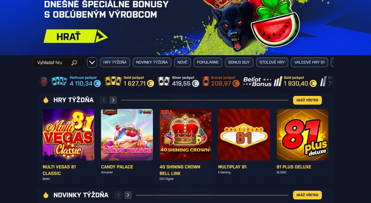 Online kasino Kajot Intacto na slovenské doméně s jackpoty v eurech