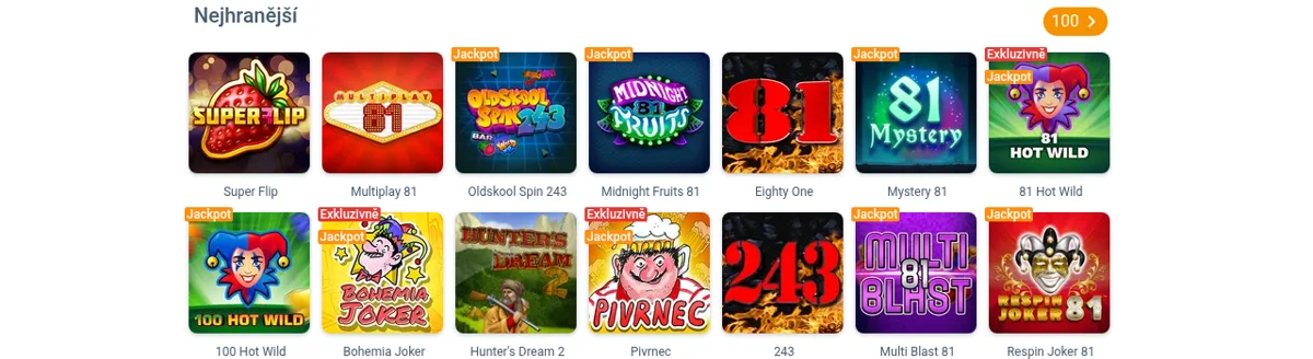 Mřížka nejhranějších automatů v kasinu Maxa Vegas – Super Flip, Multiplay 81, 100 Hot Wild, Bohemia Joker