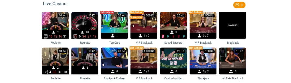 Sekce živého kasina Maxa – ruleta, blackjack VIP a Speed, baccarat, Casino Hold'em s reálnými krupiéry