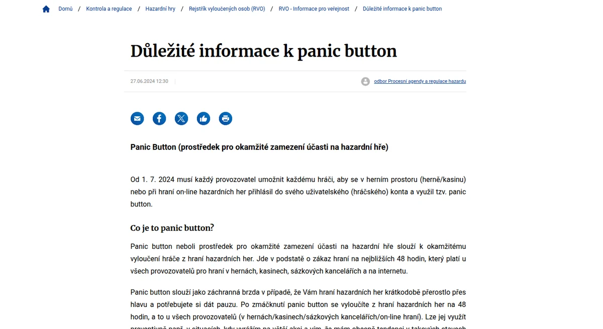 Stránka Ministerstva financí o panic button — okamžité vyloučení z hraní na 48 hodin