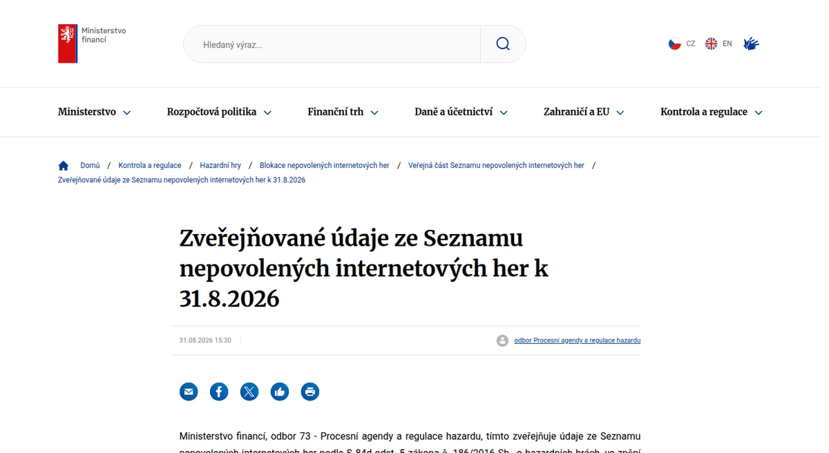 Stránka Ministerstva financí se Seznamem nepovolených internetových her k 31. 8. 2026