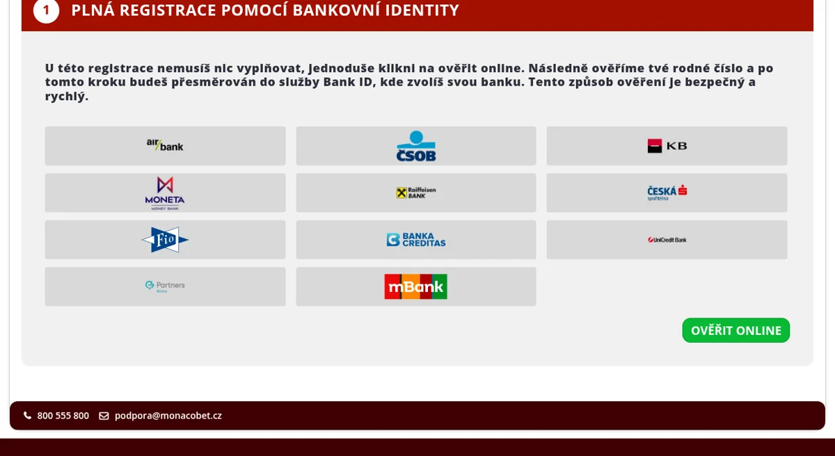 Registrace MONACObet Casino přes Bankovní identitu