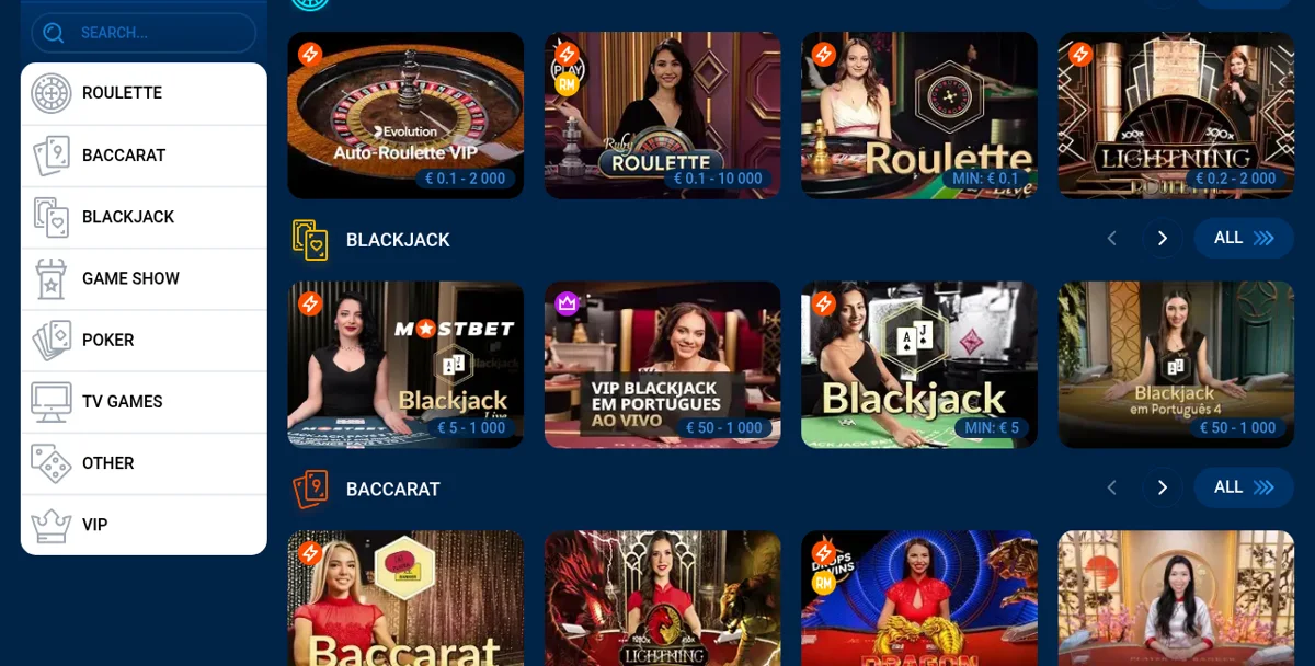 Živé kasino a stolní hry v Mostbet casinu