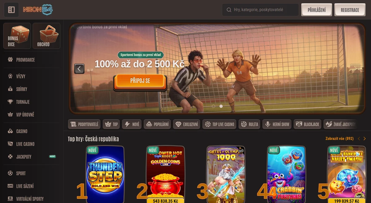 Neon54 otevřený z české IP adresy — české rozhraní a bonus v korunách