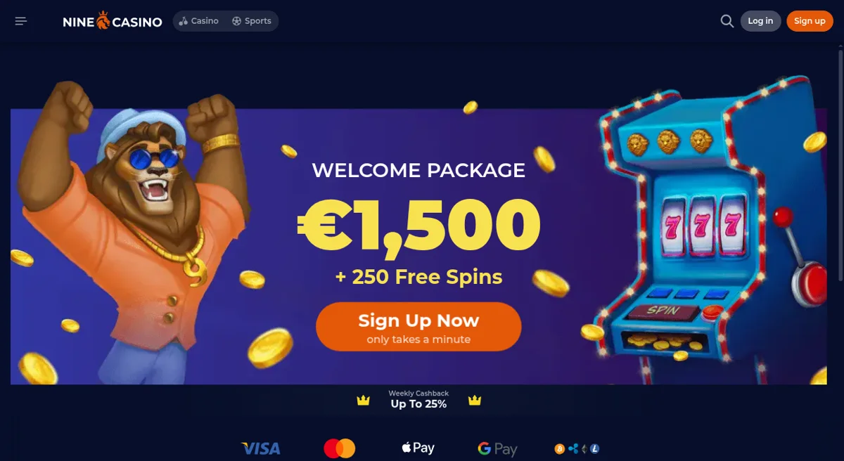 Oficiální úvodní stránka Nine Casino s uvítacím balíčkem a ikonami platebních metod