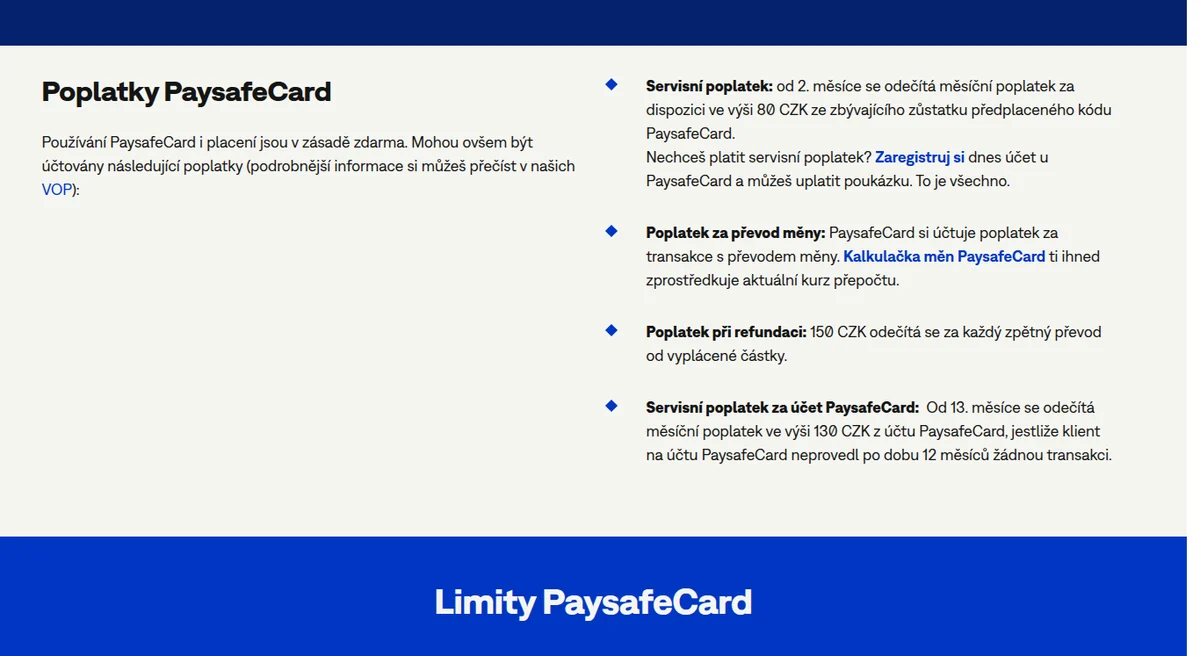 Přehled poplatků paysafecard na paysafecard.com/cs-cz, nafoceno z české IP adresy 4. 9. 2026 — servisní poplatek 80 CZK měsíčně od druhého měsíce