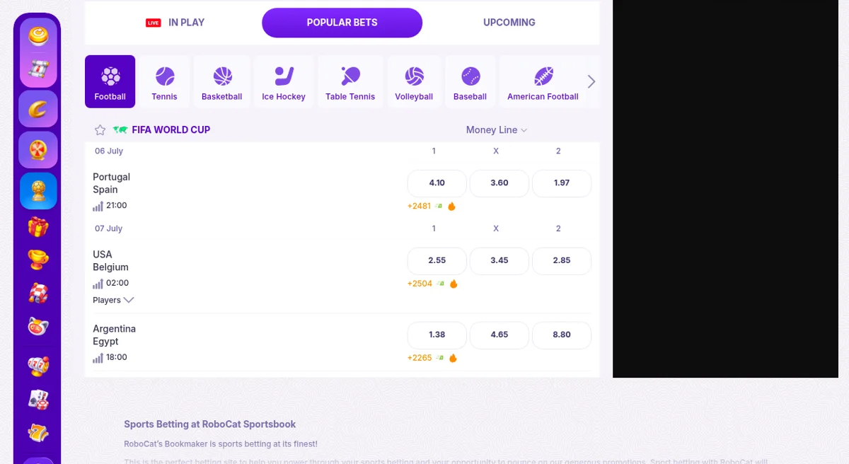 Mobilní zobrazení sportovní sázkové platformy RoboCat Casino