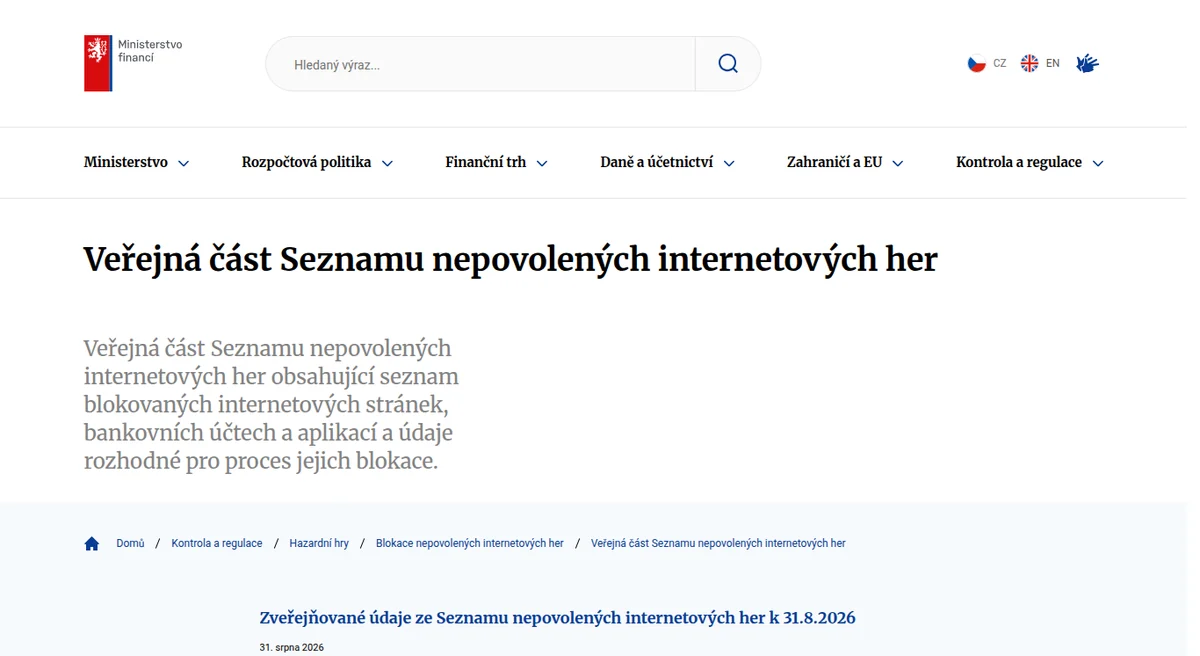 Veřejná část Seznamu nepovolených internetových her na webu Ministerstva financí ČR