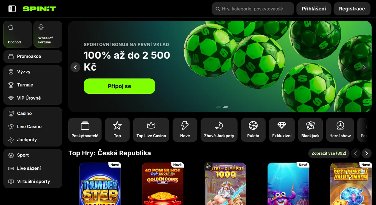 Spinit otevřený z české IP adresy — české rozhraní a bonus v korunách