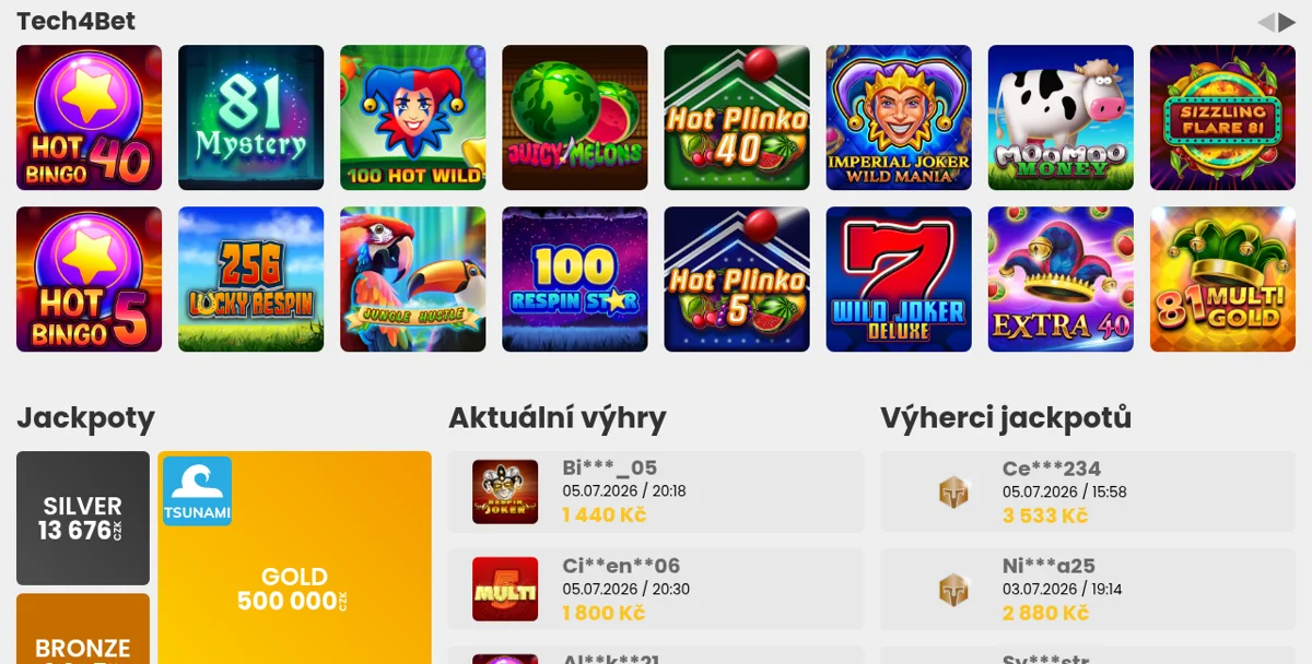 Herní grid Star Casina s automaty od Tech4Bet a živým widgetem Jackpoty