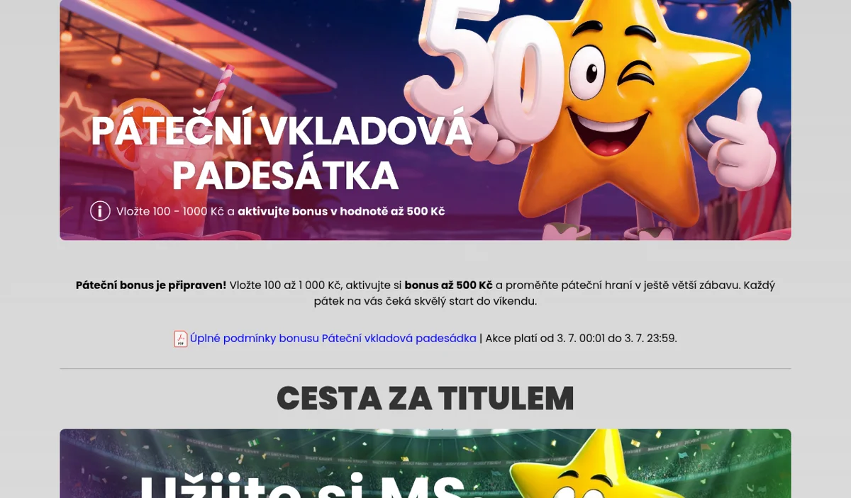 Ukázka týdenní akce Páteční vkladová padesátka na stránce akcí Star Casina