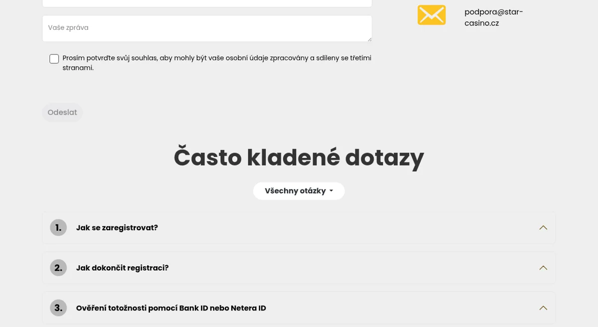 Stránka Kontakt Star Casina s kontaktním formulářem a sekcí FAQ