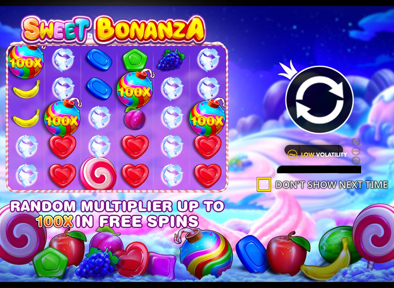 Sweet Bonanza — mřížka 6×5 se scatter výplatami a multiplikátory až 100×