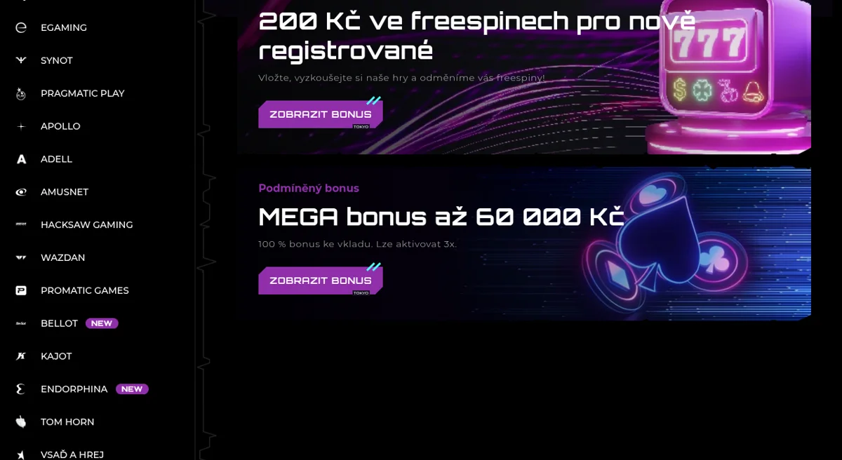 Uvítací bonus Tokyo Casino - 200 Kč ve freespinech a MEGA bonus 60 000 Kč