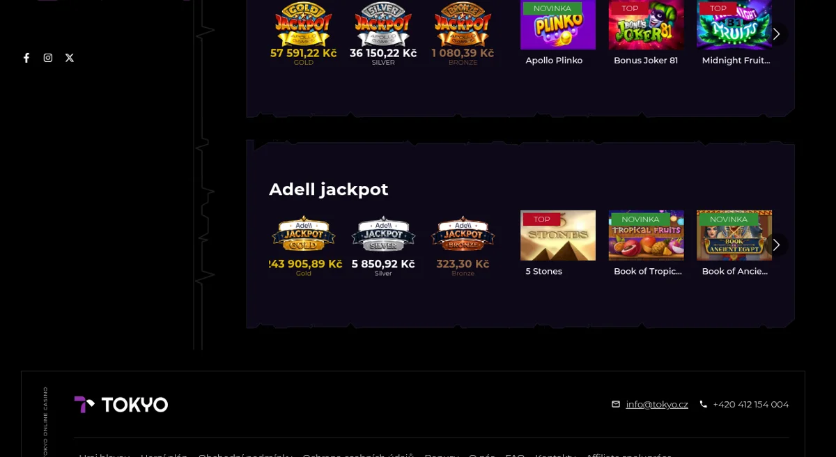 Progresivní jackpoty v Tokyo Casino - Apollo Jackpot a Adell Jackpot ve variantách Gold, Silver a Bronze
