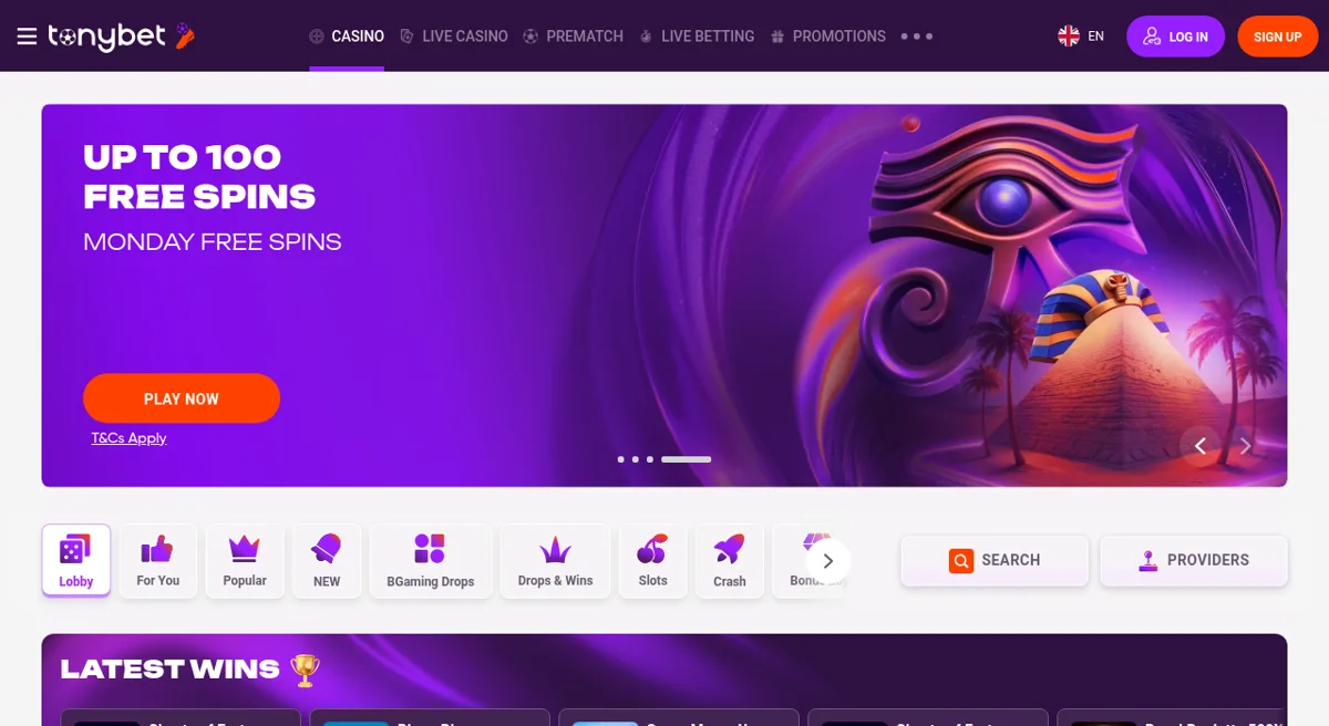 Lobby výherních automatů v online kasinu Tonybet