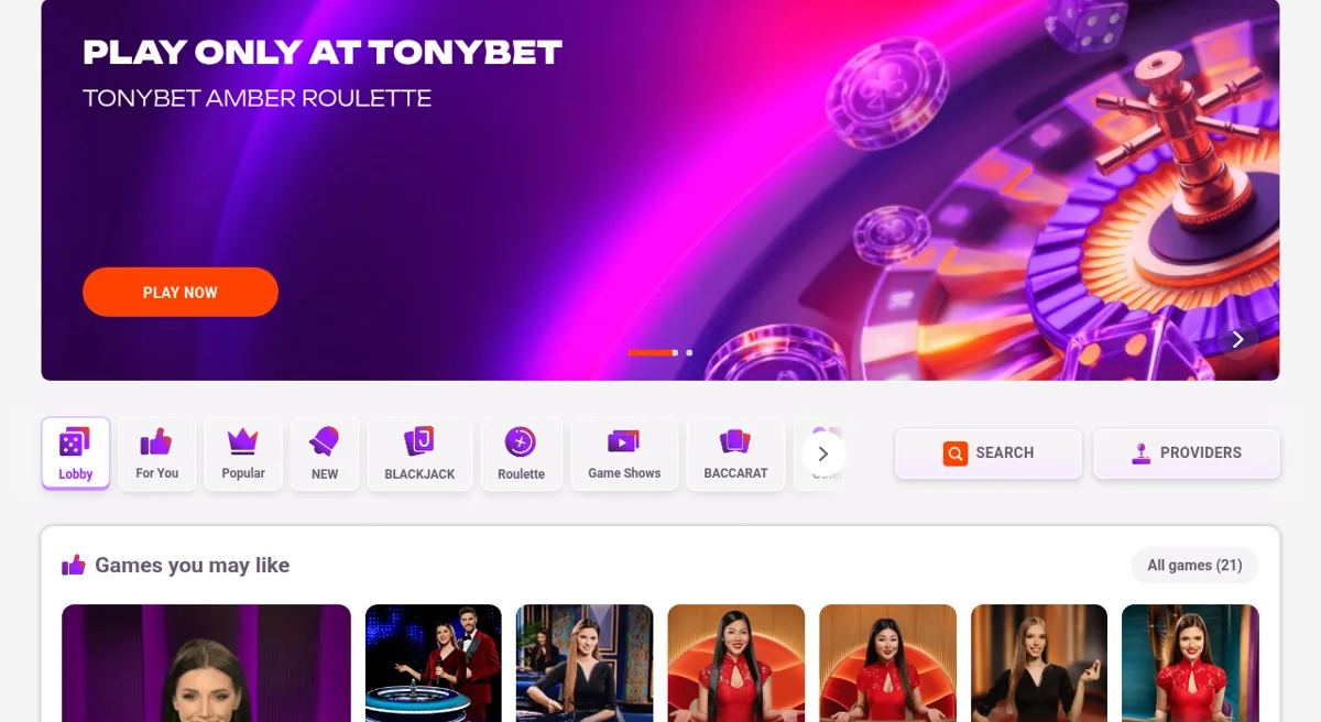Živé kasino Tonybet s reálnými krupiéry — blackjack, ruleta a herní show