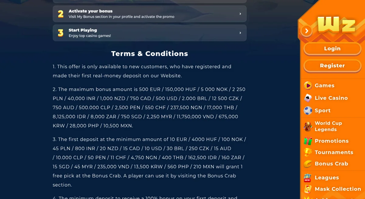 Uvítací bonus Wazamba Casino na oficiální stránce promo akcí